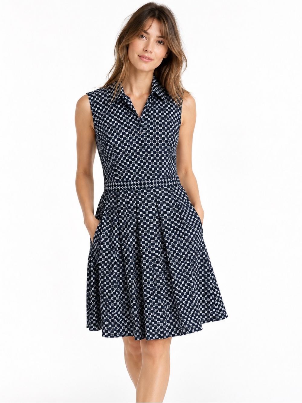 Tory Burch Navy and White Sleeveless Midi Dress